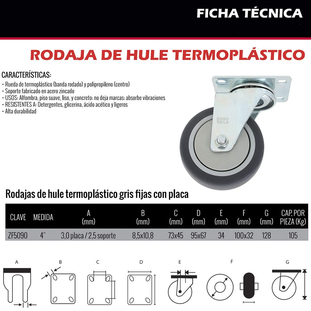 Dogotuls ZF5090 Rodaja de Hule Termoplástico TPR Giratoria con Placa, color Gris, 4"