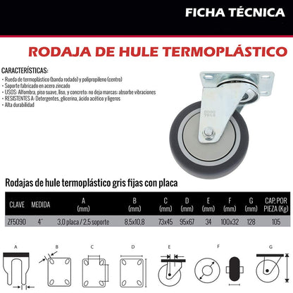 Dogotuls ZF5090 Rodaja de Hule Termoplástico TPR Giratoria con Placa, color Gris, 4"