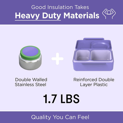 Omie OmieBox UP Bento Box para niños, lonchera aislada, tarro térmico de alimentos aislado al vacío a prueba de fugas, bolsa de hielo más fría, 2 compartimentos (morado galaxia)