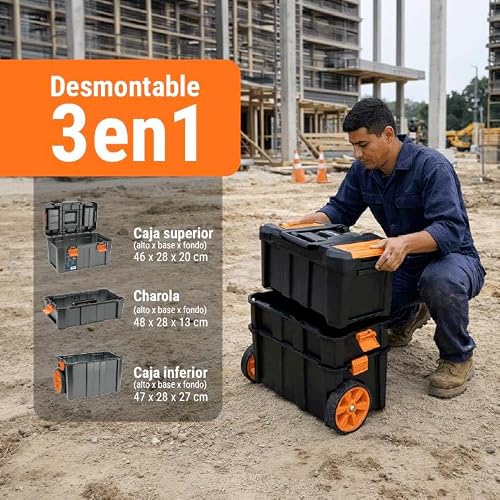 Truper CHP-1925R, Caja para herramientas 19"x25" 3 en 1 desmontable con ruedas grandes de uso rudo