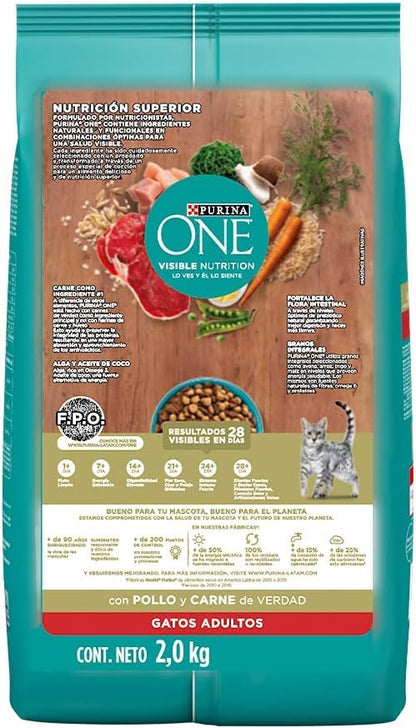 Purina One Gato Adulto Todos los Tamaños Sabor Pollo y Carne 2Kg
