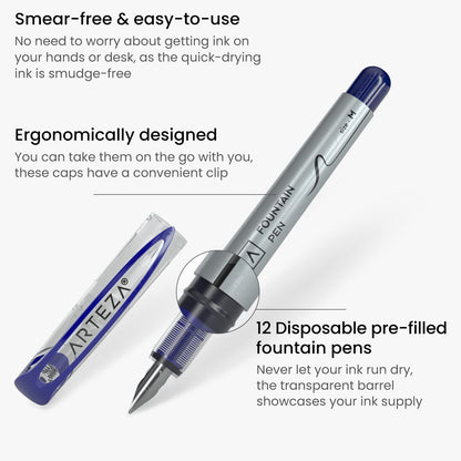 ARTEZA Plumas estilográficas desechables, paquete de 12, punta mediana de 0,9 mm, bolígrafo de tinta azul de secado rápido, suministros de arte para profesionales, estudiantes y aficionados
