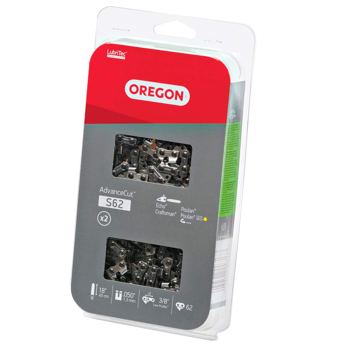 Oregon S62T AdvanceCut Cadena de Motosierra de 18 Pulgadas, Compatible con Echo, Craftsman, Poulan (Paquete de 2)