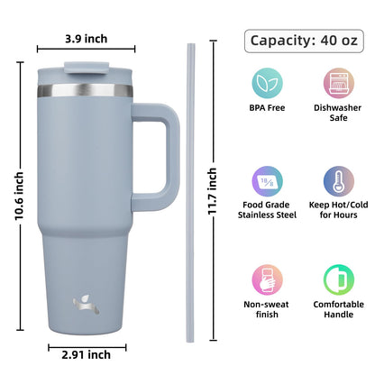 Konokyo - Vaso de 40 onzas con asa y 2 popotes, tapa 2 en 1, botella de agua aislada de acero inoxidable, taza de café de viaje, lavanda