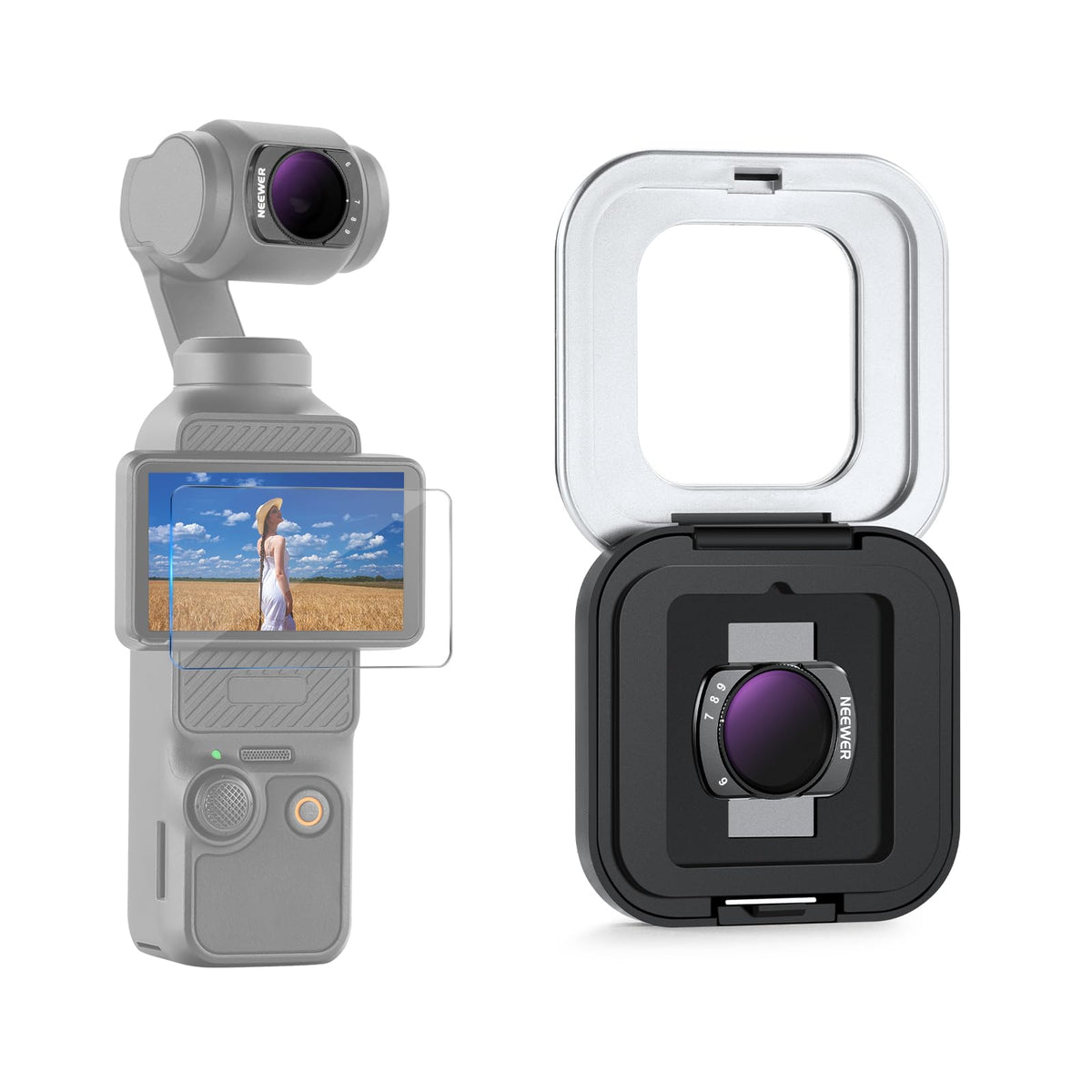 NEEWER Variable ND Filtro Compatible con dji Osmo Pocket 4/3 y Xtra Muse,Filtro Magnético Multicapa Densidad Neutra ND64-512 para Objetivo de Action CAM con Protector Pantalla y Estuche