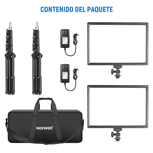 NEEWER NL-192AI Kit 2 Paneles LED de Video 13" con Trípodes | Bi Color, Regulables, Batería 4000mAh, 3200K-5600K, CRI97+, USB, para Estudio, Streaming y YouTube, Negro