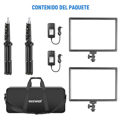 NEEWER NL-192AI Kit 2 Paneles LED de Video 13" con Trípodes | Bi Color, Regulables, Batería 4000mAh, 3200K-5600K, CRI97+, USB, para Estudio, Streaming y YouTube, Negro