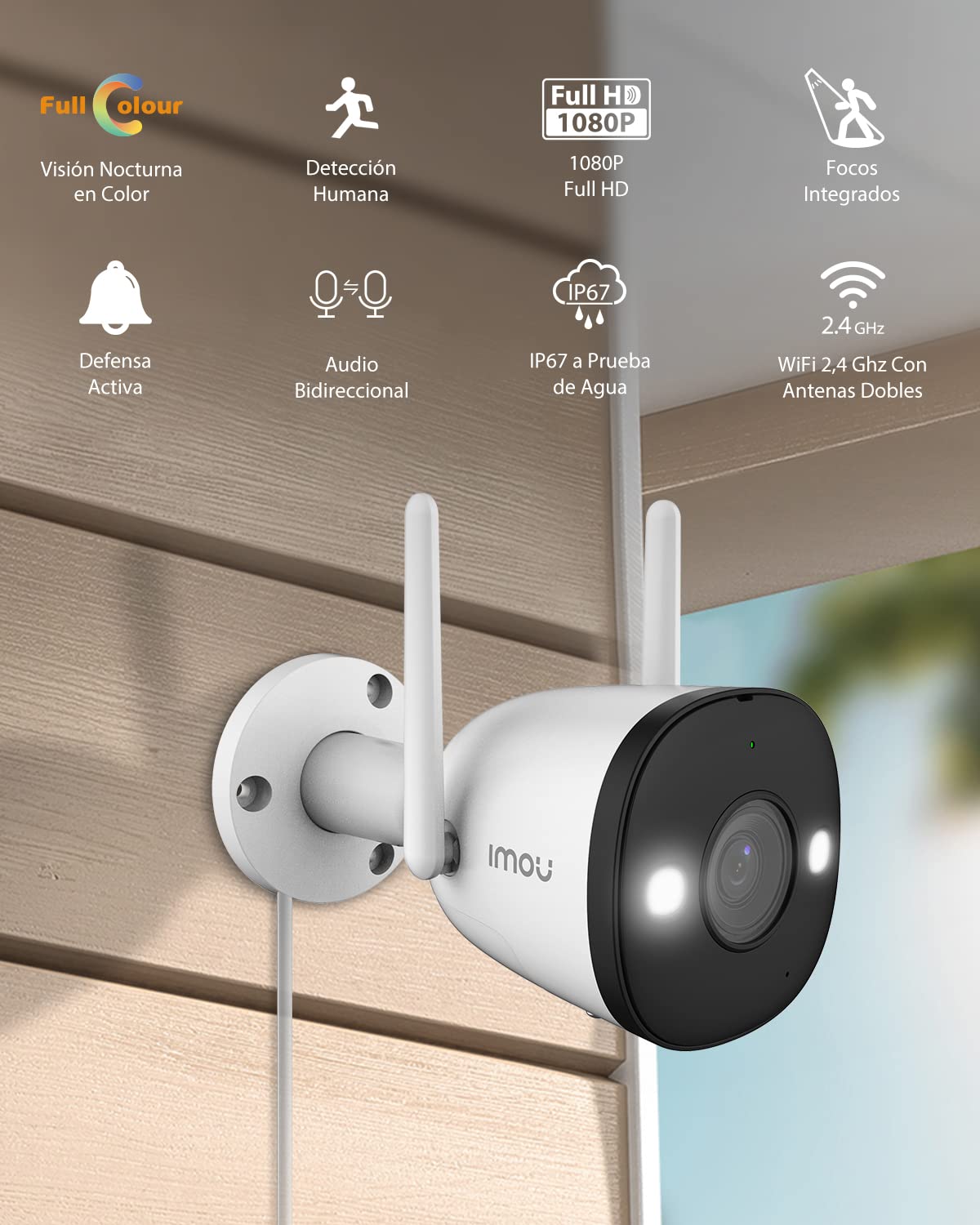 Bullet2 cámara IP WiFi de 2 Mpx/Full Color/Disuasión Activa con Estrobo y Sirena Integrados/108 Grados de Apertura/30 Mts de IR/H.265/IP67/Audio Bidireccional/Micrófono Integrado/Detección de Humanos