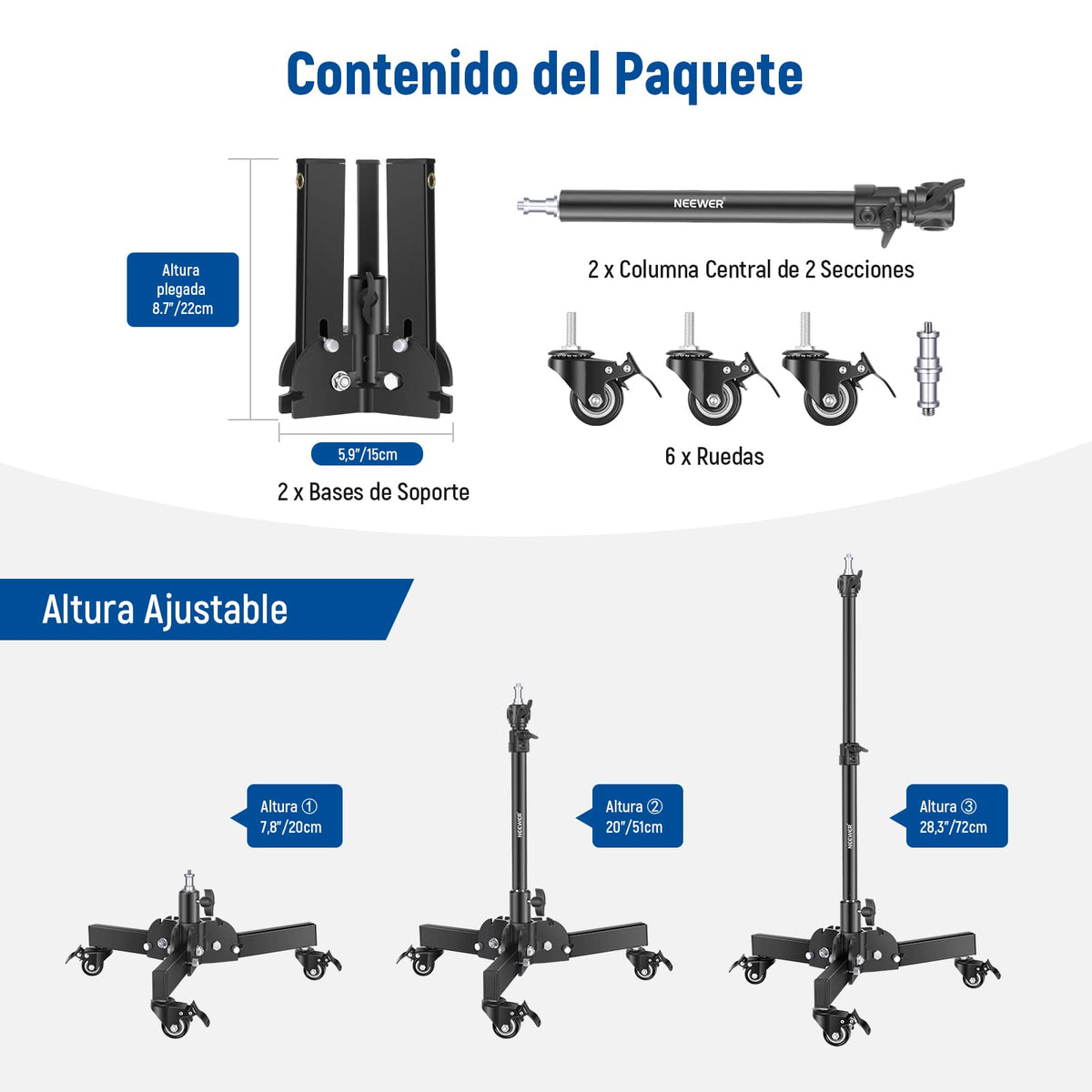 NEEWER Pack de 2 Soportes Luz Alta Resistencia con Ruedas, Altura Máx 2.4 Pies, Trípode Plegable Tomas Angulo Bajo, Soporte Iluminación para Softbox, Monobloques y Otros Equipos Fotográficos, ST72