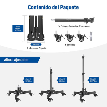 NEEWER Pack de 2 Soportes Luz Alta Resistencia con Ruedas, Altura Máx 2.4 Pies, Trípode Plegable Tomas Angulo Bajo, Soporte Iluminación para Softbox, Monobloques y Otros Equipos Fotográficos, ST72