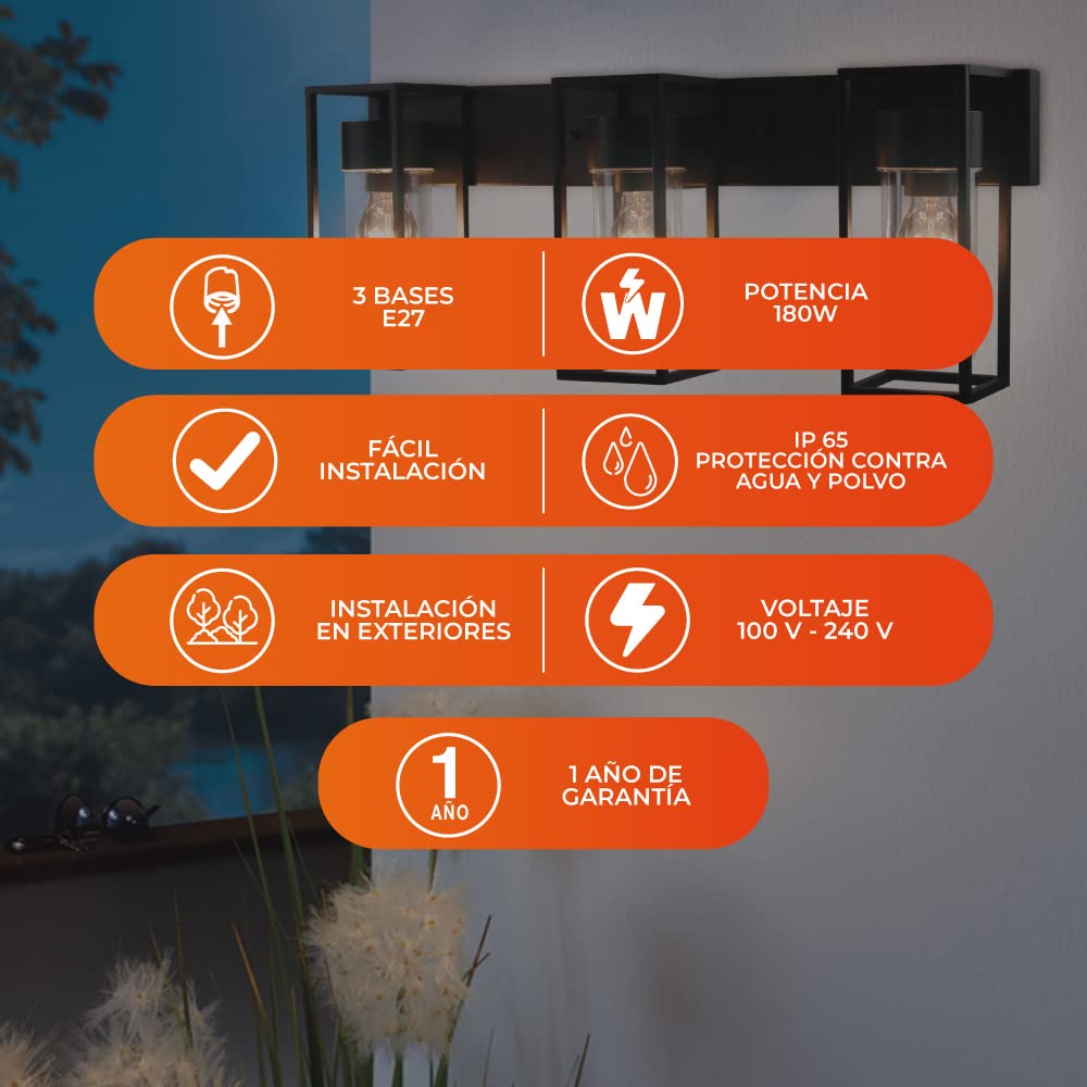 Tecnolite Lámpara de Pared Arbotante Exterior Máx. 180W - 3 Bases E27, IP44, No incluye focos, Compatible con focos A19