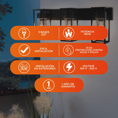 Tecnolite Lámpara de Pared Arbotante Exterior Máx. 180W - 3 Bases E27, IP44, No incluye focos, Compatible con focos A19