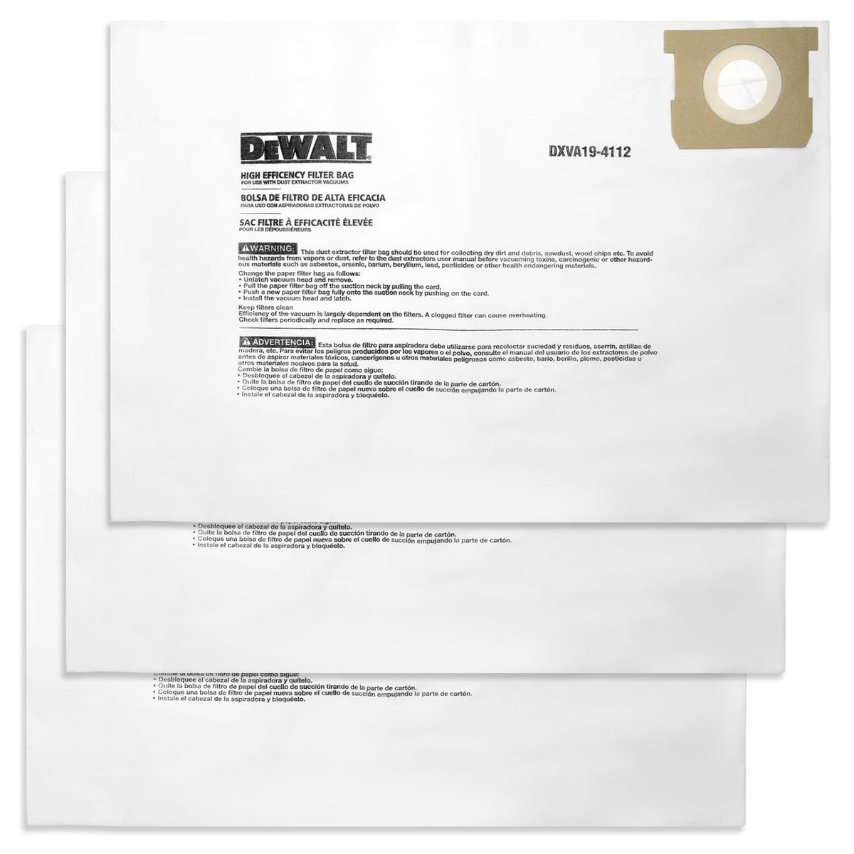 DEWALT Bolsas de Filtro para Aspiradora, Paquete de 3 - DXVA19-4112