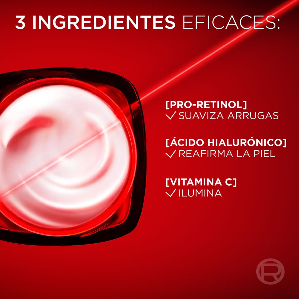 L'Oreal Paris Revitalift Laser Crema de Noche Triple Acción Anti-Edad, Corrige Arrugas, Firmeza, Luminosidad y Unifica el Tono, Pro-Retinol y Vitamina C, 50ml.