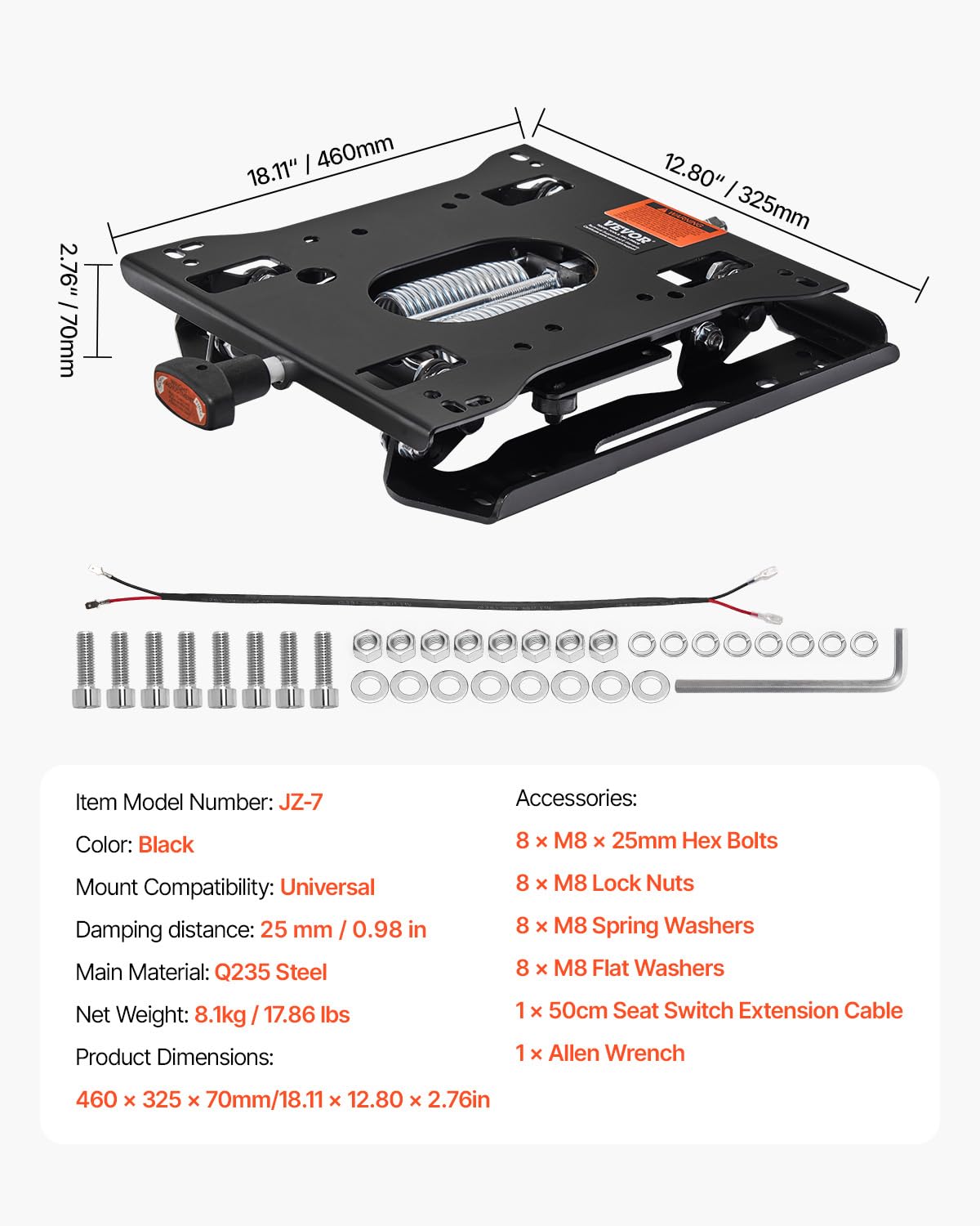 VEVOR - Kit de suspensión de asiento sin pista deslizante de asiento, suspensión de asiento universal para cortacésped de giro cero, kit de suspensión de asiento de tractor ajustable compatible con