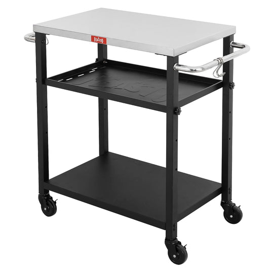 Feasto - Mesa de parrilla de 3 estantes, soporte para horno de pizza con estante ajustable, carro de parrilla móvil, para exterior, carrito de bar al aire última intervensión con ruedas, mesa de acero