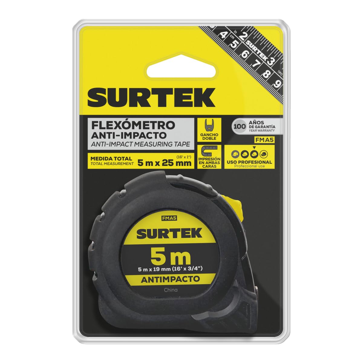Surtek FMA5 Flexómetro con carcasa anti-impacto cinta color negro 5 m x 25 mm