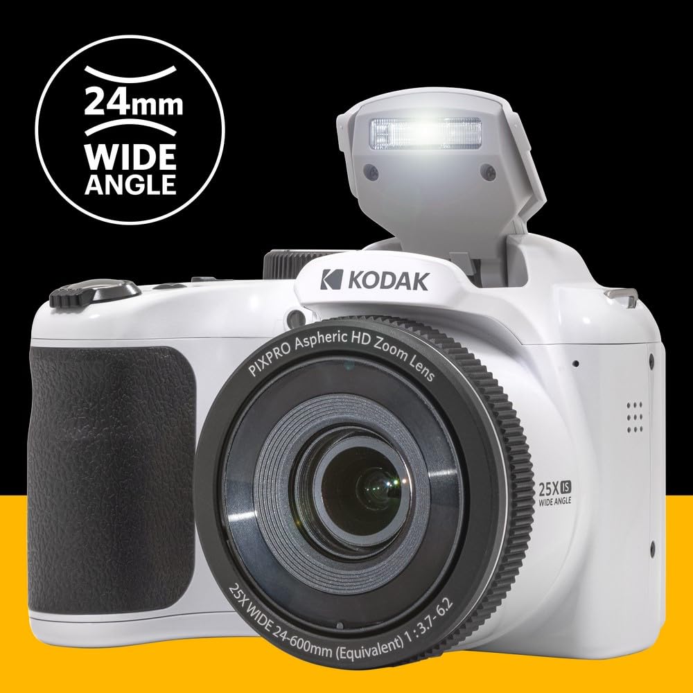 Kodak PIXPRO AZ255-WH Cámara Digital de 16 MP, Zoom óptico de 25 x 24 mm, Lente Gran Angular, estabilización óptica de Imagen, 1080P, Full HD, Video, cámara de vlogging LCD de 3 Pulgadas (Blanco)