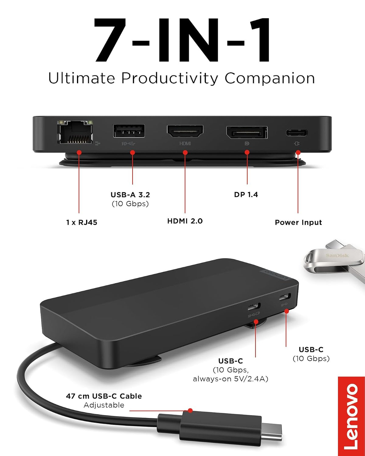 Lenovo USB-C Dual Display Travel Dock con Adaptador de Corriente de 100 W, 7 Puertos, Cable USB-C Integrado, compatibilidad Universal, Pantallas Dobles a 4K, Negro
