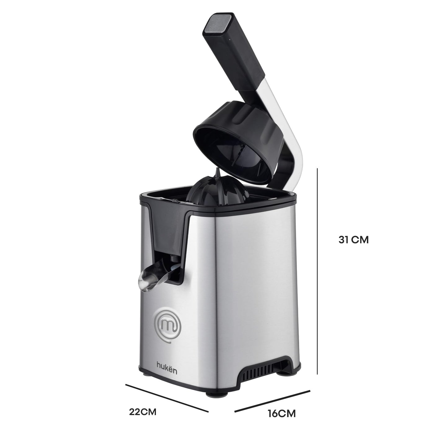 Hukën x MasterChef | Exprimidor Eléctrico de Cítricos CITRUSMAX 200W | Exprimidor de Naranjas y Limones | 2 Conos Dual-Press | Filtro Ajustable | Antiderrame | Acero Inoxidable