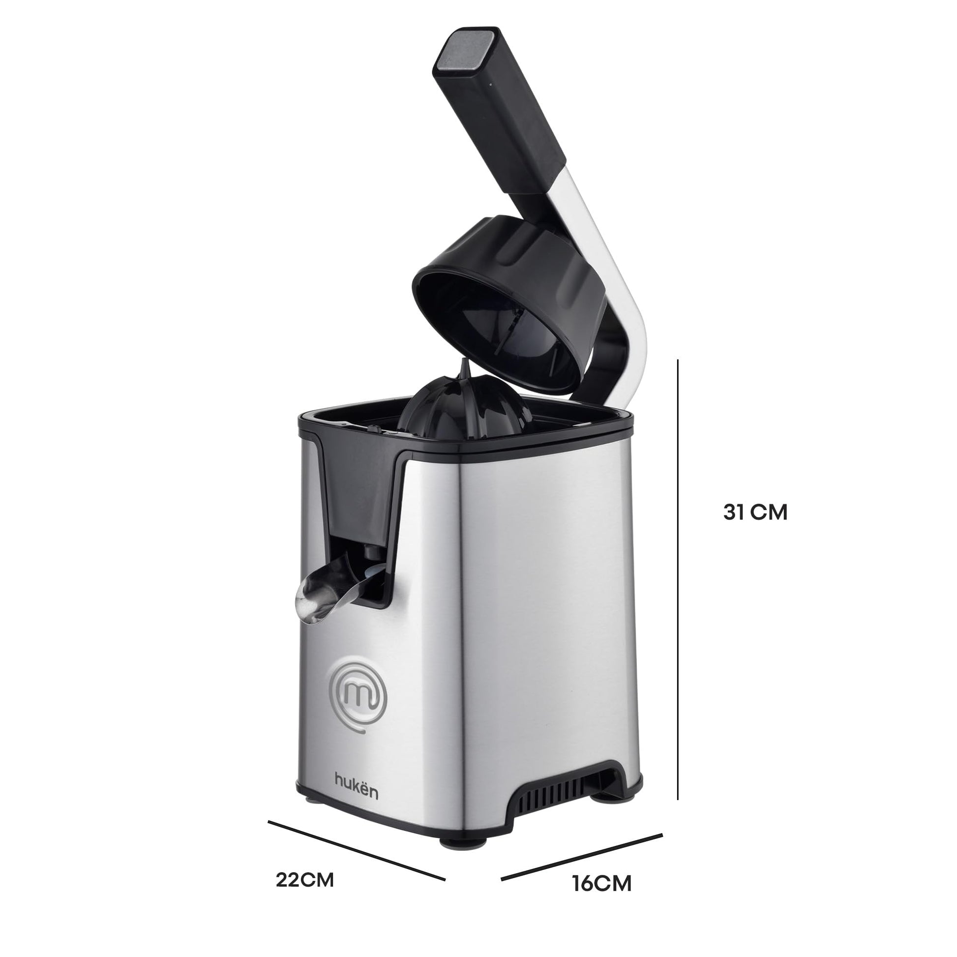 Hukën x MasterChef | Exprimidor Eléctrico de Cítricos CITRUSMAX 200W | Exprimidor de Naranjas y Limones | 2 Conos Dual-Press | Filtro Ajustable | Antiderrame | Acero Inoxidable