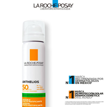 La Roche-Posay Anthelios Bruma Invisible FPS 50+ Protector Solar en Spray, Resistente al Agua con Efecto Matificante y Textura Ultraligera de Rápida Absorción, 75 ml