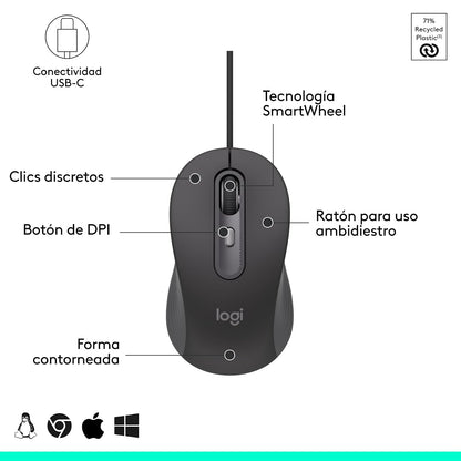Logitech Signature Wired M520 for Business, Mouse con Cable Óptico, Conectividad USB-C Plug and Play, Compatible con Windows/Mac/Chrome/PC/Portátiles, Color Grafito