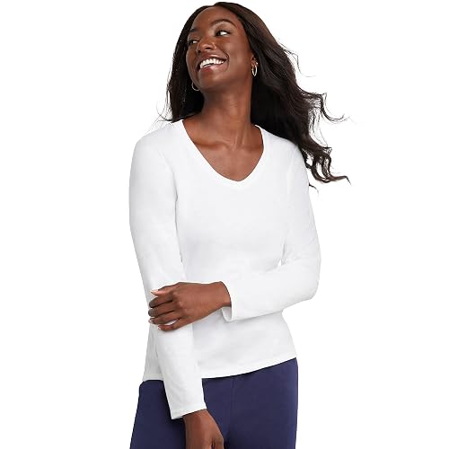 Hanes Playera de Manga Larga con Cuello en V. Camisa para Mujer