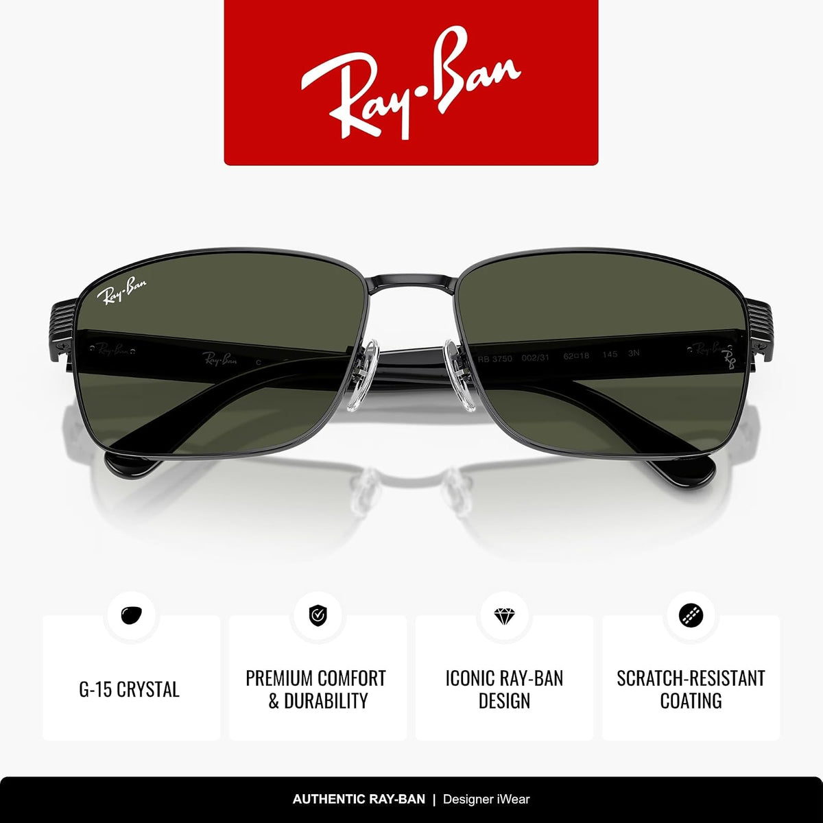 Ray-Ban 0RB3750 Gafas De Sol Unisex, Core-Square, Negro