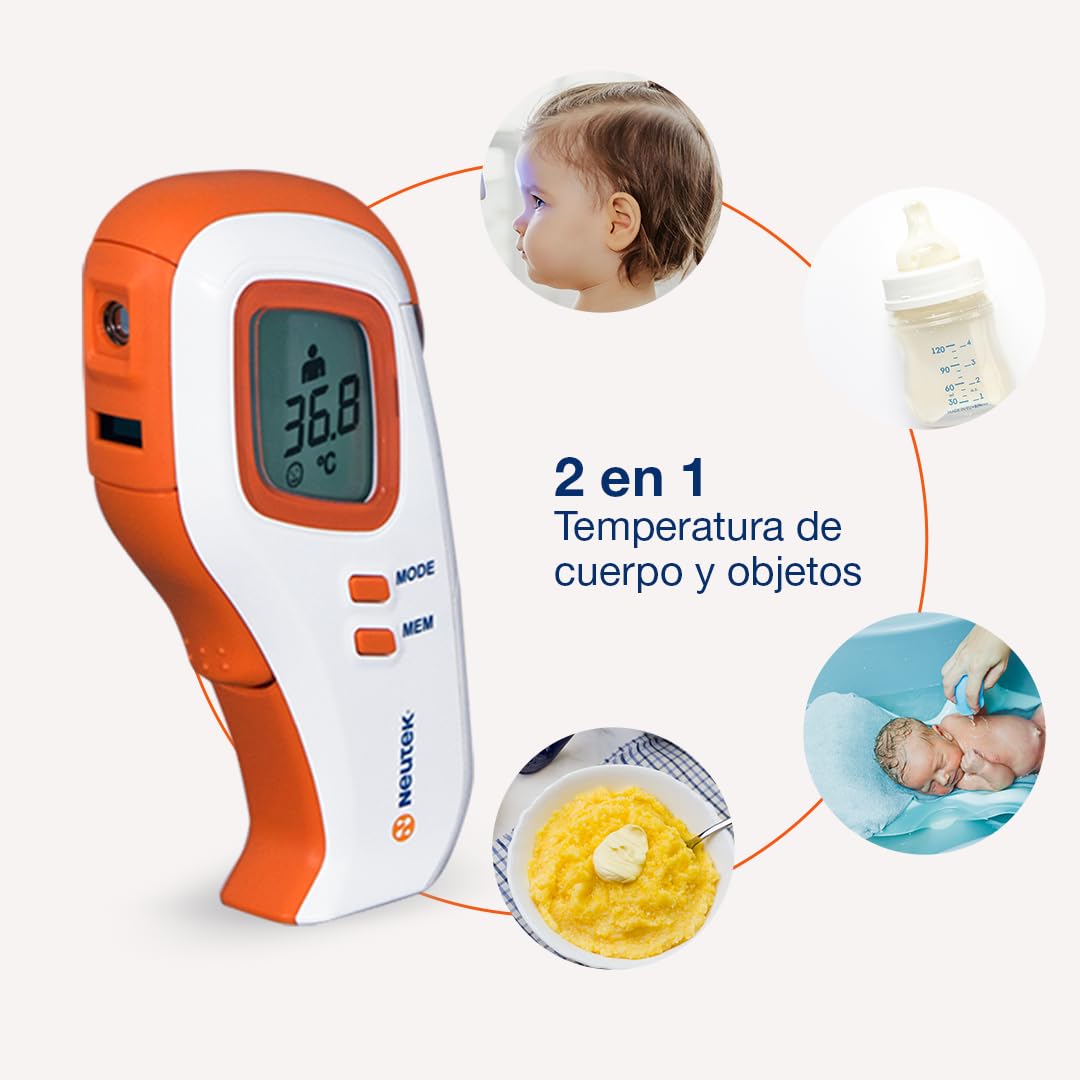 Termómetro Infrarrojo Sin Contacto Neutek NT-1 | Medición Rápida en Frente y Objetos | Indicador de Fiebre | 10 Memorias | Ligero y Portátil | Alerta de Batería Baja | Blanco/Naranja