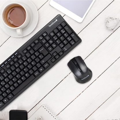 TECHZONE Kit Mouse y Teclado Inalámbrico Color Negro con Teclas de Navegación de Fácil Acceso, Resistentes al Desgaste. Mouse con Precisión de Movimiento, hasta 10 MTS de Alcance. Incluye Baterías.
