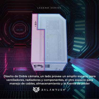 Balam Rush Gabinete Gamer Media Torre Tank Master 9600 TB/MAX MB ATX/GPU 410 mm/USB C + USB 3.0 + USB + Audio + 4xFan ARGB/Paneles de Cristal/Legend (Blanco)