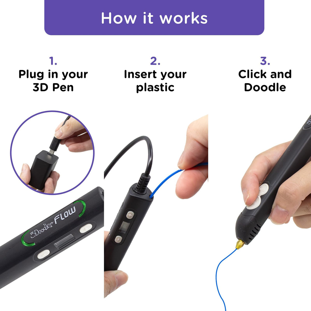 3Doodler Flow - Bolígrafo de impresión 3D para Adolescentes, Adultos y Creadores, Color Negro, con filamentos de Recarga, Libro de Plantillas y guía, 3.1 x 10.8 x 4.5 Pulgadas