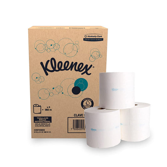 Toalla en Rollo para Manos Kleenex Antibacterial, Caja con 6 Rollos de 160 Metros, con Impresión, Kimberly Clark Professional.