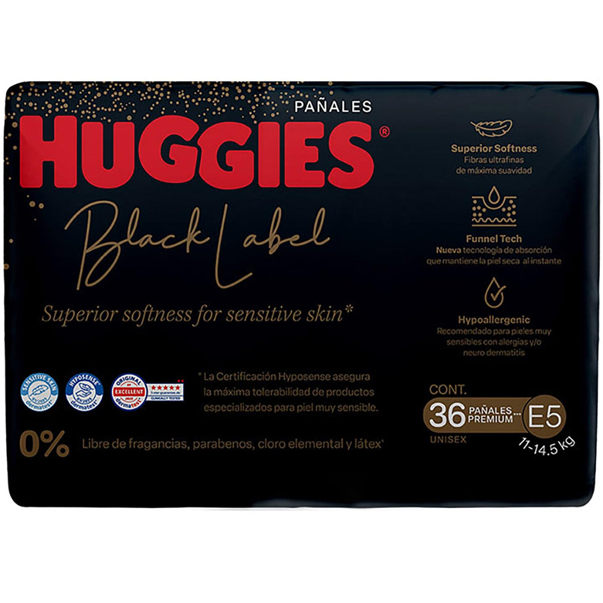 Huggies Black Label Pañales Desechables Premium, Etapa 5 Unisex, Bolsa con 36 piezas, Ideal para bebés de 11 a 14.5 kg
