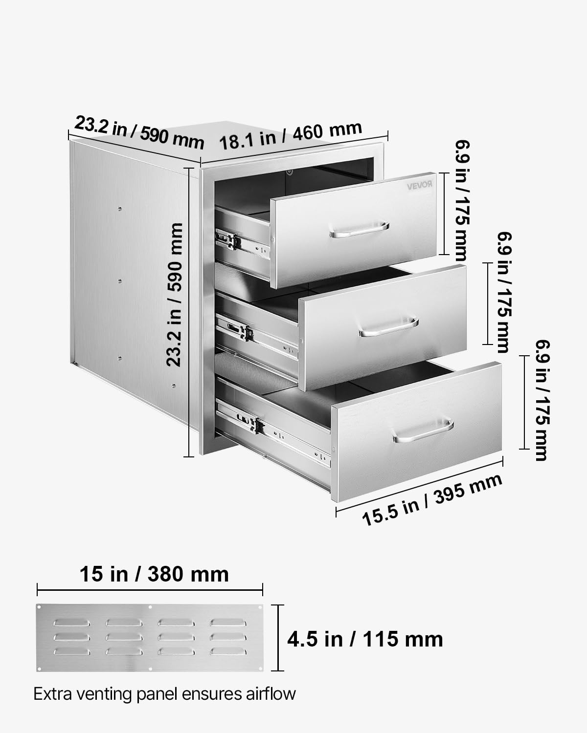 VEVOR Cajones de cocina para exteriores de 46 cm de ancho x 59 cm de profundidad x 59 cm de alto. Cajonera modular de acero inoxidable con triple acceso y asas. Cajón para isla de barbacoa
