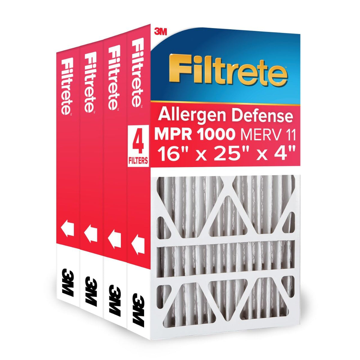 Filtrete MPR 1000 16 x 25 x 4 (4-3/8 Actual Depth) Micro Allergen Defense Deep Pleat AC Furnace Air Filter, Guaranteed Airflow up to 12 months, Delivers Cleaner Air Throughout Your Home, 4-Pack - 62.4 x 10.9 x 40.3 cm - Paquete de 4