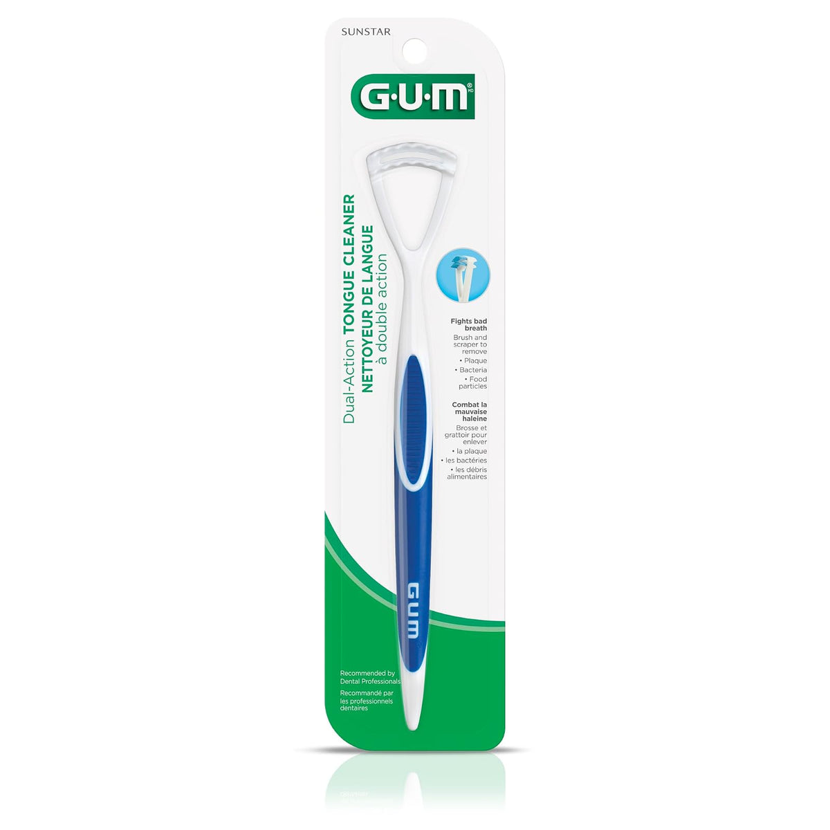 GUM Limpiador de lengua – cepillo para polvo de lengua de cerdas suaves de doble acción con raspador de lengua para una mejor higiene bucal, tratamiento de mal aliento (paquete de 3)