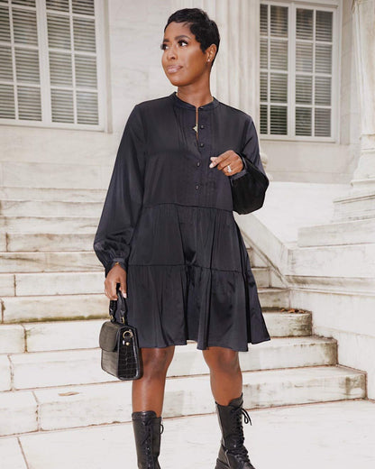 The Drop Minivestido Escalonado Para Mujer, con Botones al Frente, Negro, por @highlowluxxe