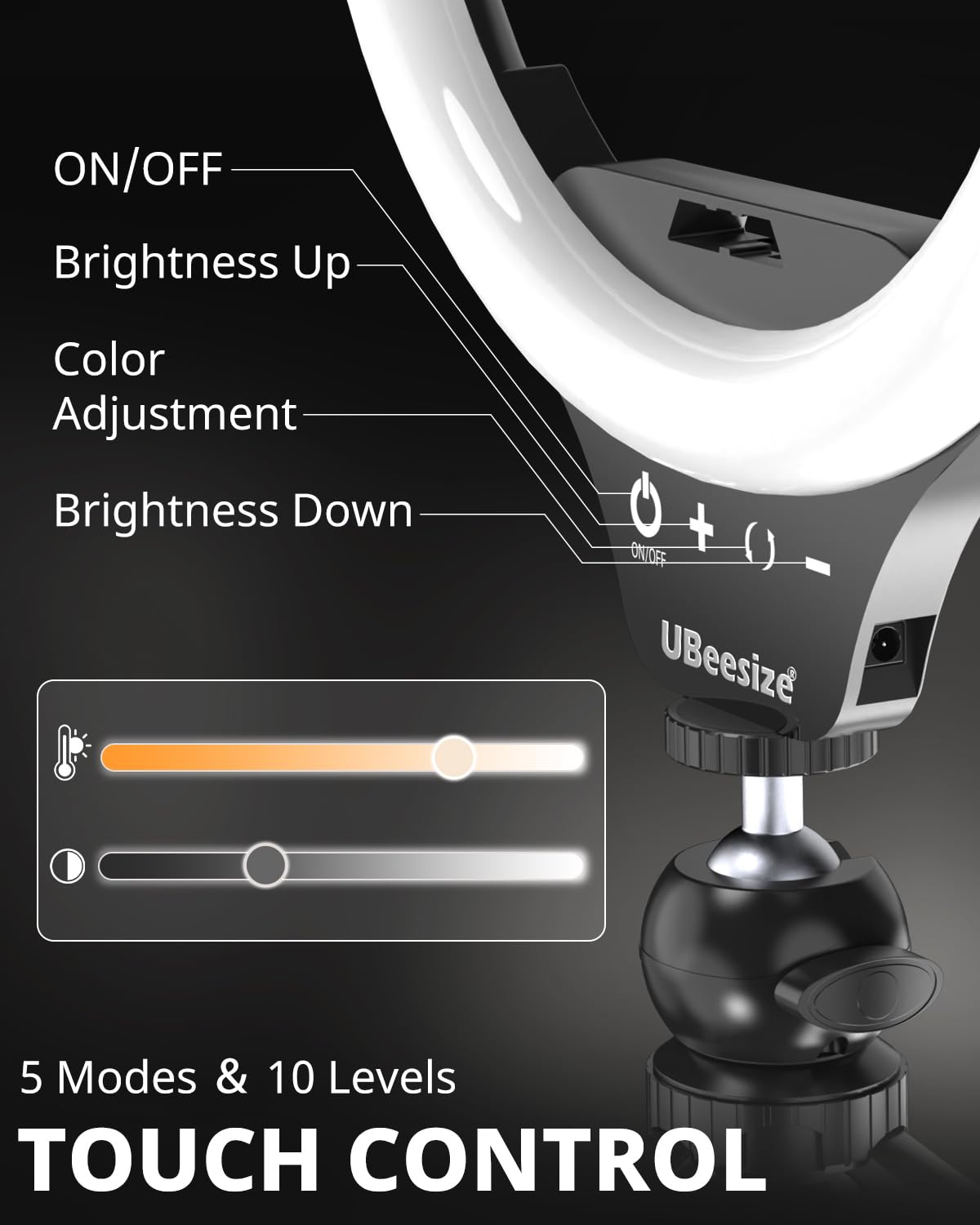 UBeesize Anillo de luz para Selfie de 10 Pulgadas con Soporte para trípode y Soporte para teléfono Celular, luz Circular LED de Escritorio Regulable