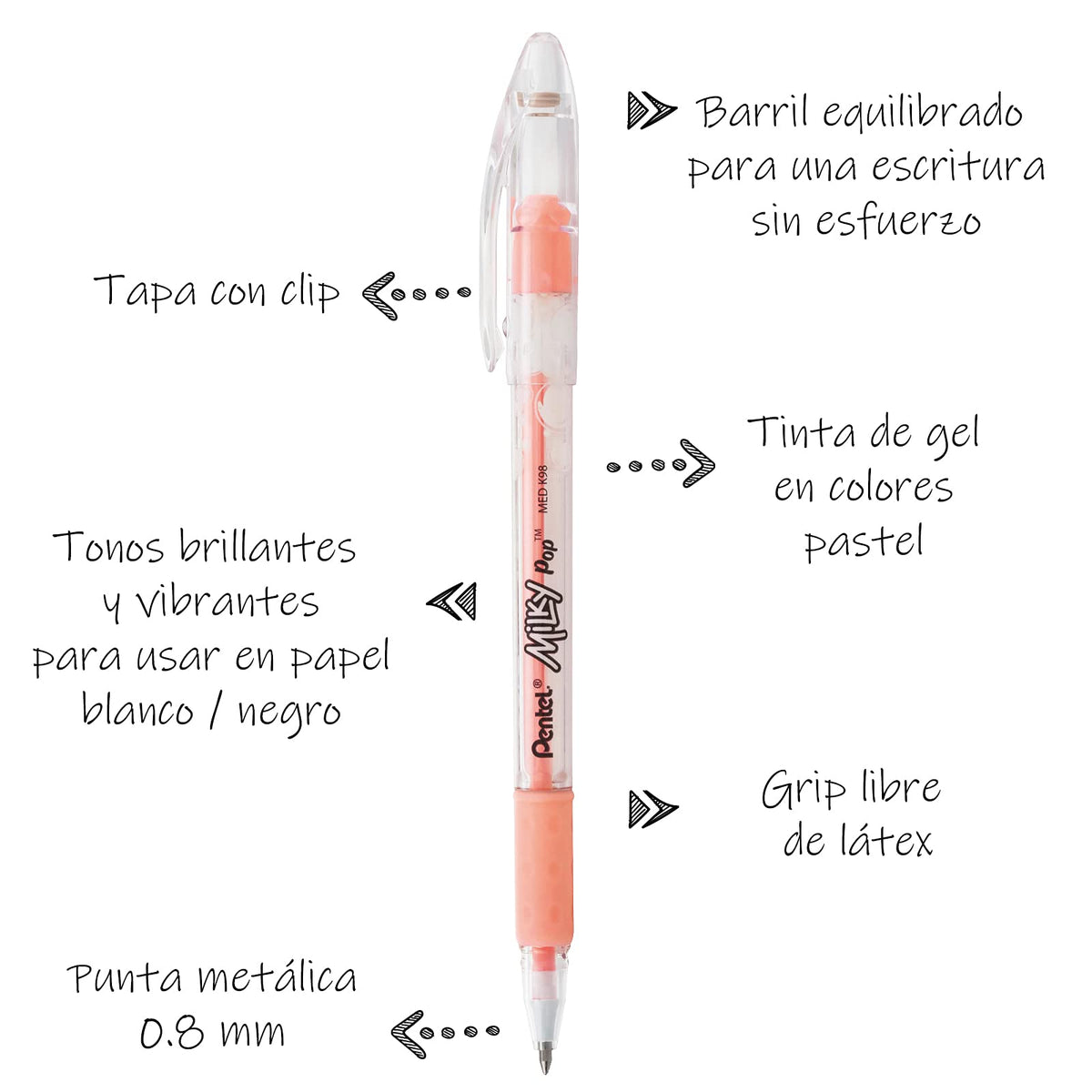 Bolígrafo Milky Pop de Pentel Tinta en Gel Colores Pastel Caja con 12 Piezas Color Naranja-K98-LF