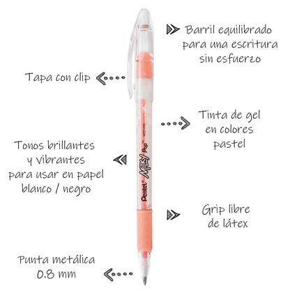 Bolígrafo Milky Pop de Pentel Tinta en Gel Colores Pastel Caja con 12 Piezas Color Naranja-K98-LF