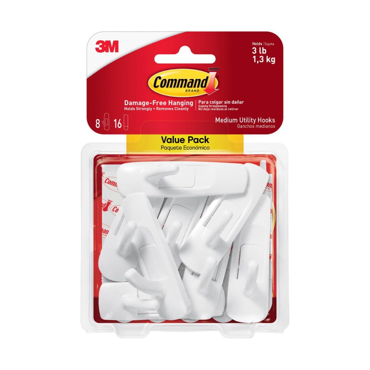 COMMAND 3M Gancho Adhesivo Removible de Plástico Mediano Blanco 8 piezas | Soporta hasta 1.3 kg, Organiza interiores sin dañar superficies, No requiere herramientas, Fácil de instalar, Fijación segura
