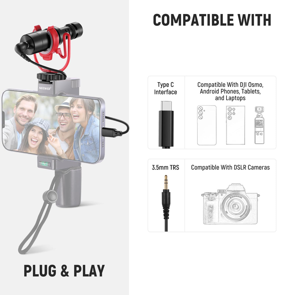 NEEWER Enchufar & Usar Vlog Micrófono, 20-20KHz Supercardioide Mini Mic con 3,5mm TRS, Cable USB C OTG, Montaje Antichoque, Parabrisas Compatible con iPhone 16 15 14 Samsung S24 Android Tablet, VM10