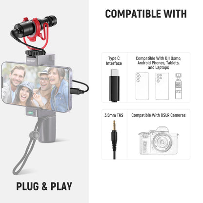 NEEWER Enchufar & Usar Vlog Micrófono, 20-20KHz Supercardioide Mini Mic con 3,5mm TRS, Cable USB C OTG, Montaje Antichoque, Parabrisas Compatible con iPhone 16 15 14 Samsung S24 Android Tablet, VM10