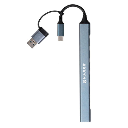 NACEB TECHNOLOGY HUB USB-C/A a 7 Puertos 1 USB 3.0, 6 USB 2.0 - Conector Multipuerto, Plug y Play, Compatible con PC, Laptops y Otros Dispositivos - Gris
