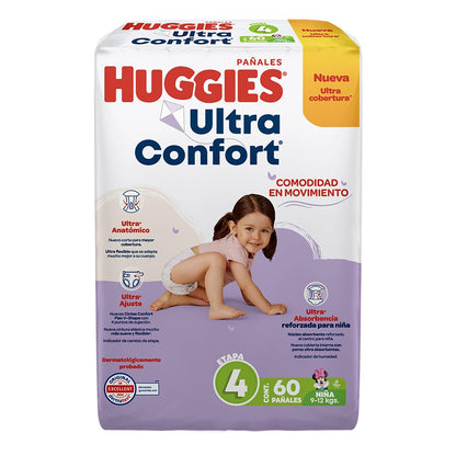 HUGGIES UltraConfort Pañal Desechable para Bebé, Etapa 4, Niña, Caja con 180 Piezas, Ideal para Bebés de 9 a 12 kg