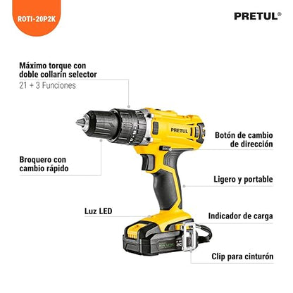 PRETUL ROTI-20P2K, Kit rotomartillo/destornillador 1/2", 20V con 32 accesorios