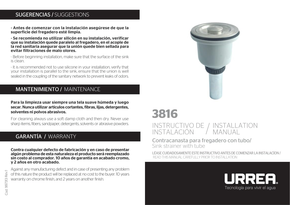 Urrea P 3816 Contracanasta con Tubo para Fregadero