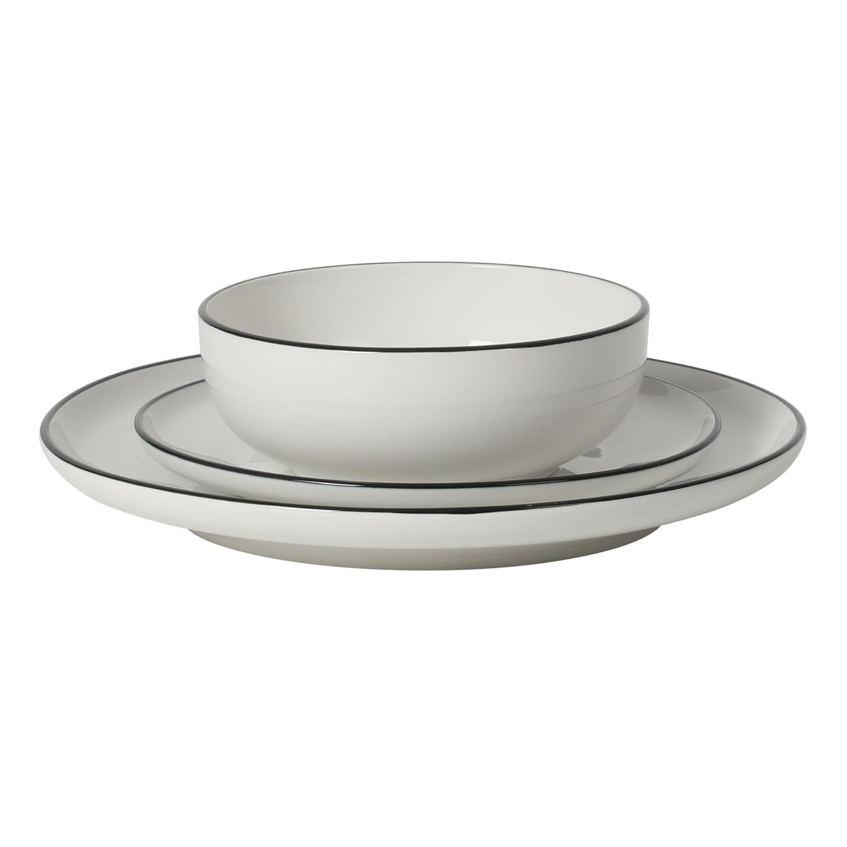 Gibson Home Havenstone - Juego de vajilla de porcelana de 12 piezas, platos de cena, platos de ensalada y cuencos, clásico blanco con borde negro, apto para el hogar, cocina, microondas y lavaplatos